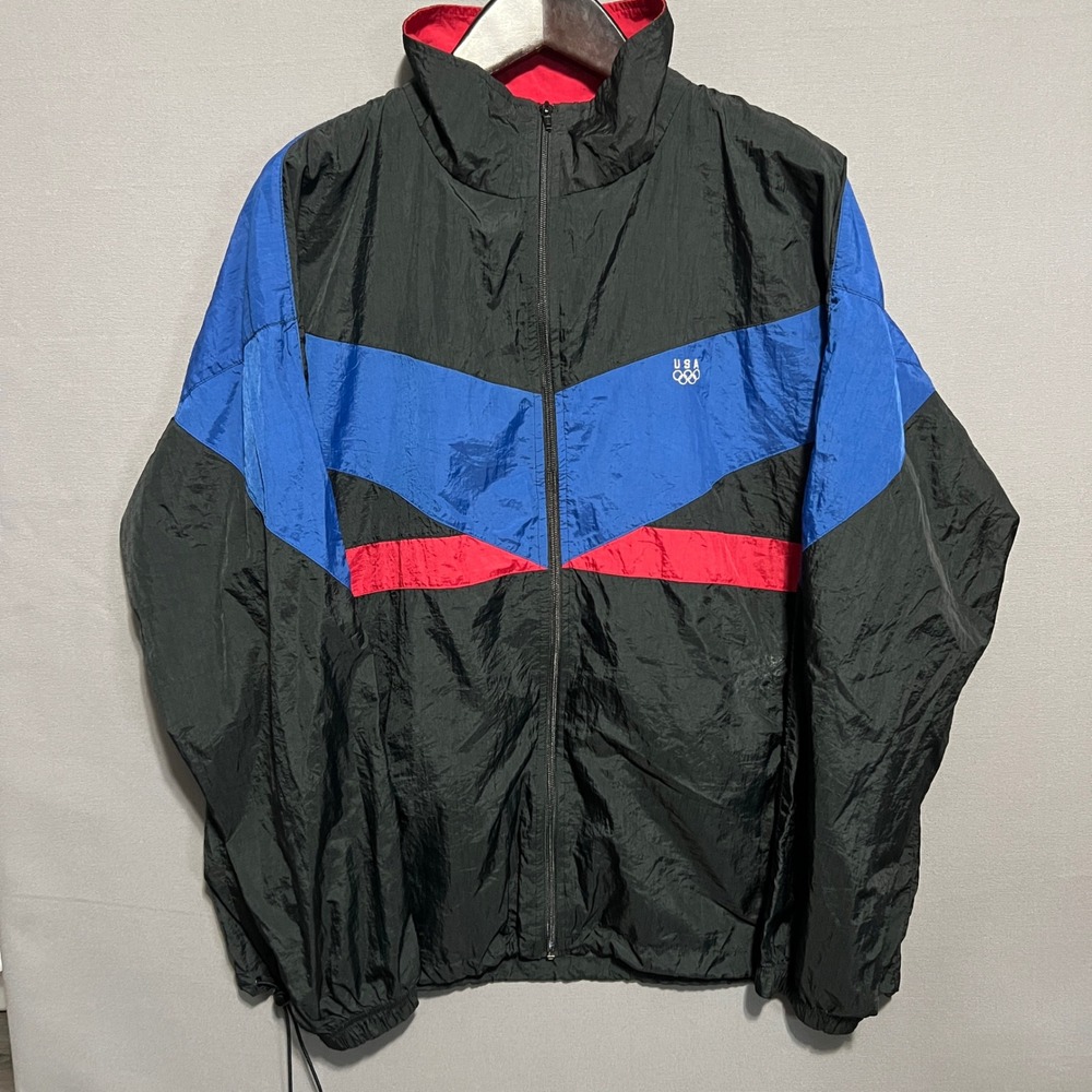 Vintage USA Olympics‎ Windbreaker Jacket XL Tall Black Blue Red Colorblock 90s